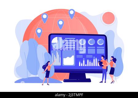 Le commerce mondial, l'analyse du marché boursier. Analyse des statistiques du commerce international, mondialisation économique. Concept d'analyse des données d'environnement. Pinki Illustration de Vecteur