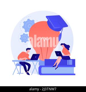 Recherche en ligne de faits intéressants sur la chimie. Auto-éducation, préparation à l'examen, Internet surf. Personnages homme et femme parcourant le site Web scientifique. Illustration de Vecteur