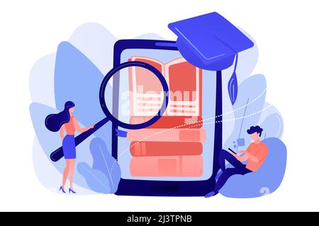 Étudiants avec loupe lisant la pile d'e-books dans l'application d'éducation de smartphone. Apprentissage mobile, application d'apprentissage, concept d'éducation m-learning. Broche Illustration de Vecteur