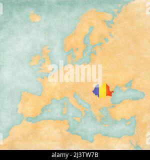 Roumanie (drapeau roumain) sur la carte de l'Europe. La carte est dans un style vintage d'été et d'humeur ensoleillée. La carte a une douce grunge et une atmosphère vintage, whi Banque D'Images