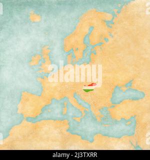 Hongrie (drapeau hongrois) sur la carte de l'Europe. La carte est dans un style vintage d'été et d'humeur ensoleillée. La carte a une douce grunge et une atmosphère vintage, wh Banque D'Images