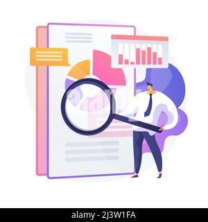 Audit d'entreprise. Personnage de dessin animé spécialiste financier avec loupe. Examen des informations graphiques statistiques. Statistiques, diagramme, graphique. VEC Illustration de Vecteur