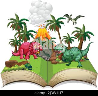 Livre ouvert avec diverses illustrations de dessins animés de dinosaures Illustration de Vecteur