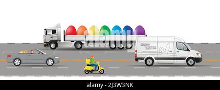 Joyeuses Pâques. Circulation sur la route la veille de Pâques. Illustration vectorielle plate. Illustration de Vecteur