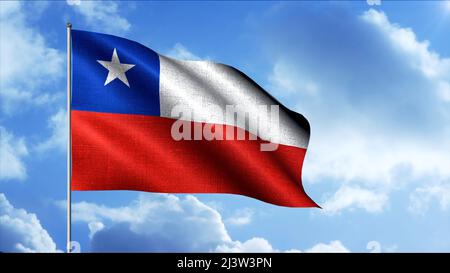 Drapeau du Chili. Mouvement. Un drapeau lumineux d'un pays latino-américain situé sur la côte. Un drapeau qui flotte comme un vent dans le ciel. Banque D'Images