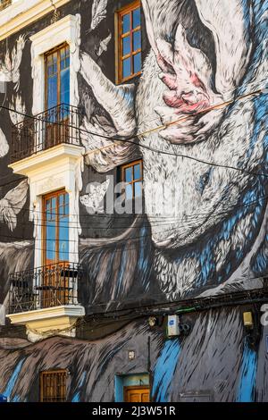 Mur d'art de rue murale sur une maison dans le quartier El Cabanyal, Valence, Communauté Valencienne, Espagne Banque D'Images