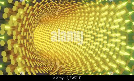 Tunnel en mouvement rapide dans le cyberespace. Conception. Le tunnel virtuel au néon se déplace rapidement. Un tunnel lumineux se déplace dans l'espace virtuel Banque D'Images