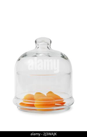 Abricots séchés dans un vase en verre pour dessert. Arrière-plan blanc isolé. Banque D'Images