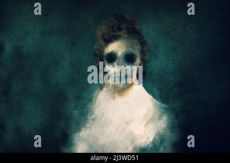 Un concept d'horreur d'un portrait classique d'une femme zombie avec un crâne comme le visage et des yeux noirs en contrebas. Sur fond sombre. Banque D'Images