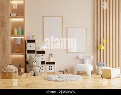 Maquette de deux cadres à poster dans la chambre des enfants, chambre des enfants, chambre couleur crème.3D rendu Banque D'Images