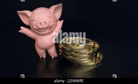 pile de bitcoin avec monnaie numérique de cochon de couleur rose. Crypto-monnaie BTC la nouvelle monnaie virtuelle gros plan 3D rendu des bitcoins dorés sur le backgr noir Banque D'Images