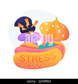 Stress manger. Consommer des aliments malsains. Hypertrophe, suralimentation compulsive, anxiété. Fille stressée avec de la nourriture de pourreau, hot dog et cupcake. isola vecteur Illustration de Vecteur