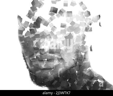 Plusieurs cubes façonnant un portrait d'un jeune homme Banque D'Images