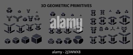 Ensemble de figures géométriques primitives 3D dans le style isométrique pour une combinaison dans la construction.Illustration vectorielle. Illustration de Vecteur