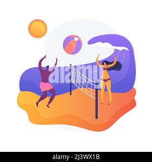 Activités estivales. Vacances d'été, détente en bord de mer, jeux de ballon en plein air. Touristes Suntannées jouant au Beach-volley. Idée de repos actif. isola vecteur Illustration de Vecteur