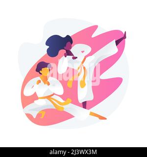 École d'arts martiaux. Allure et coup de pied de karaté. Entraînement Kungfu. Taekwondo, les athlètes du jiu jitsu, la classe du judo. Combattants dans les kimonos. Activité physique Illustration de Vecteur