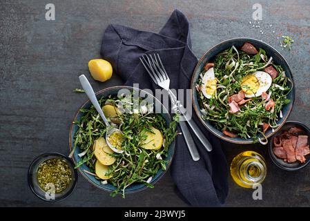 Salade de pissenlits avec œufs de pomme de terre et bacon sur fond gris Banque D'Images