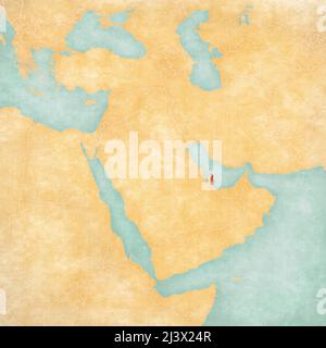 Le Qatar (drapeau qatari) sur la carte du Moyen-Orient (Asie occidentale) dans un style doux et vintage, comme le vieux papier avec aquarelle. Banque D'Images