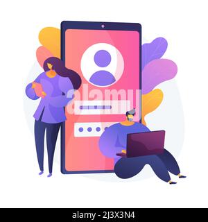 Vérification de l'utilisateur. Prévention des accès non autorisés, authentification de compte privé, cyber-sécurité. Personnes entrant un identifiant et un mot de passe, mesures de sécurité Illustration de Vecteur