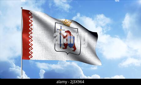 Drapeau agitant sur fond bleu ciel nuageux. Mouvement. Ciel bleu avec beau drapeau du pays de 3D. Drapeau de la République de mari El Banque D'Images