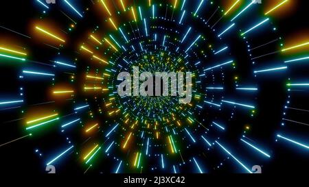 Images lumineuses réalisées dans abstraction.Design. Lumineux avec des éléments de lumière jaune et bleue autour, fait comme un tunnel se déplaçant vers l'avant et scintillant avec Banque D'Images