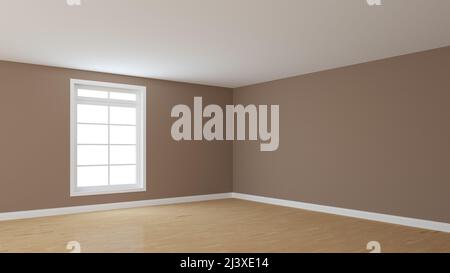 Coin intérieur vide avec murs en stuc brun, plafond blanc, grande fenêtre, parquet brillant et un parquet blanc. Vue en perspective. 3D rendu avec un tracé de travail dans la fenêtre. 8K Ultra HD 7680 x 4320 Banque D'Images