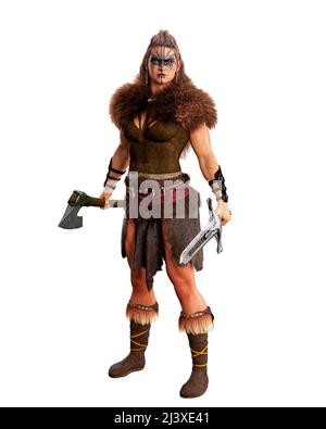 Grande femme guerrier viking forte en costume barbare tenant la hache barbu et l'épée. 3D illustration isolée sur fond blanc avec un masque. Banque D'Images