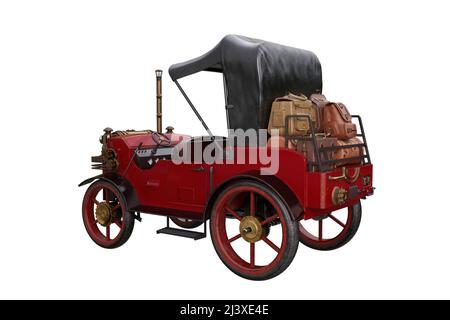 Chariot à vapeur rouge style steampunk avec bagages à l'arrière. 3D rendu isolé sur blanc. Banque D'Images