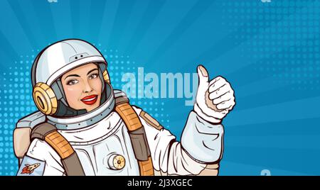 Pop art astronaute fille dans la combinaison d'espace montrant le pouce vers le haut ou comme un geste. Femme souriante cosmonaute en casque et uniforme pour l'exploration démontrant l'approbation sur fond bleu demi-ton. Illustration de Vecteur