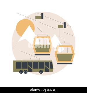 Illustration du vecteur de concept abstrait de transport de câble. Chemins de câbles, modes de transport, bus de voiture électrique ev, ancien funiculaire, trolleybus, transport de touristes, Illustration de Vecteur