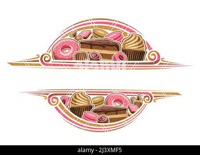 Bordure vectorielle pour la pâtisserie avec espace de copie pour le texte, disposition décorative avec tas d'illustrations de différentes pâtisseries, tranche de gâteau glacée, couleur rose Illustration de Vecteur