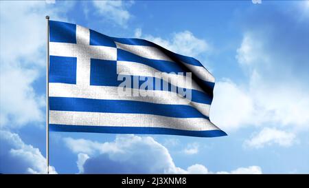 Le drapeau de la Grèce. Mouvement. Un magnifique drapeau aux teintes bleues et blanches sur un ciel bleu. Banque D'Images
