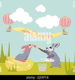 Les lapins de Pâques survolent le ciel avec un arc-en-ciel dans un ballon parmi les nuages et tiennent une bannière étirée dans le ciel avec l'inscription Happy EAS Illustration de Vecteur