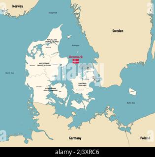 Carte vectorielle des régions du Danemark avec les principales villes et les pays et territoires voisins Illustration de Vecteur