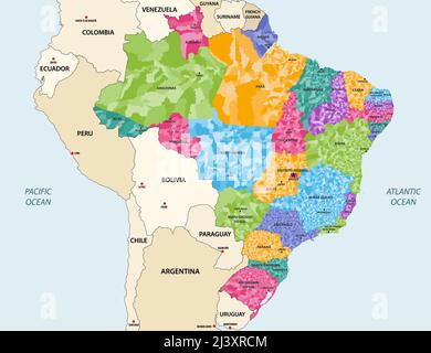 Les États et les municipalités du Brésil présentent une carte colorée très détaillée avec les pays et territoires voisins Illustration de Vecteur