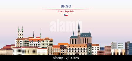 Paysage urbain de Brno sur fond de ciel coucher de soleil illustration vectorielle avec le nom du pays et de la ville et avec le drapeau de la République tchèque Illustration de Vecteur