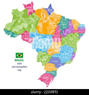 Les États et municipalités du Brésil vectorisent une carte en couleurs très détaillée Illustration de Vecteur