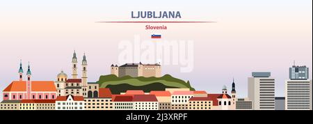 Paysage urbain de Ljubljana sur fond de ciel coucher de soleil illustration vectorielle avec nom de pays et de ville et drapeau de la Slovénie Illustration de Vecteur
