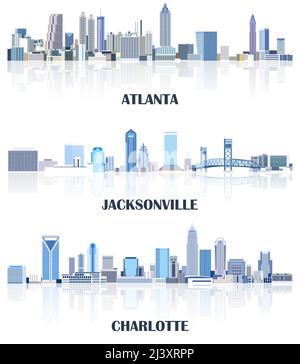 Collection vectorielle de villes des États-Unis : Atlanta, Jacksonville, Charlotte Skylines en teintes de couleur bleue. Сrystal style esthétique Illustration de Vecteur