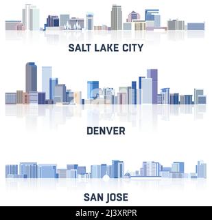 Collection vectorielle de villes des États-Unis : Salt Lake City, Denver, San Jose Skylines en teintes de couleur bleue. Сrystal style esthétique Illustration de Vecteur