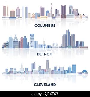 Collection vectorielle de paysages urbains des États-Unis : Columbus, Detroit, Cleveland Skylines dans des teintes de palette de couleurs bleues. Style esthétique cristal Illustration de Vecteur