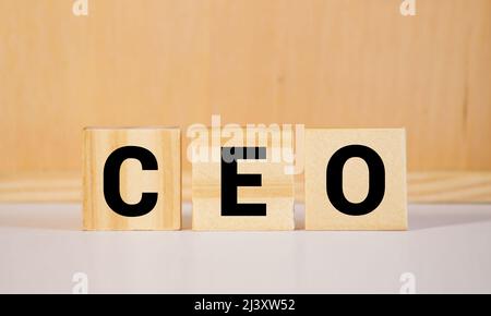 PDG - mot de blocs de bois avec lettres, concept de PDG de chef de la direction, fond gris. Banque D'Images