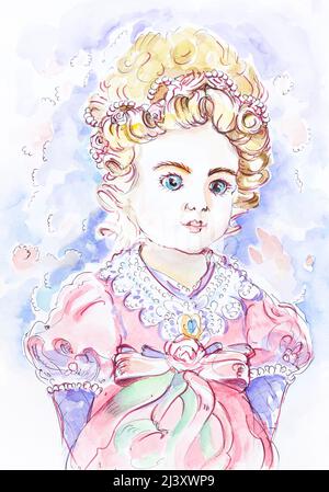 jolie petite princesse. illustration aquarelle pour petite fille Banque D'Images