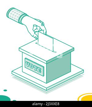 Concept de vote. La main place le bulletin de vote dans la boîte de vote. Illustration vectorielle. Concept d'élection isométrique avec boîte de vote. Illustration de Vecteur