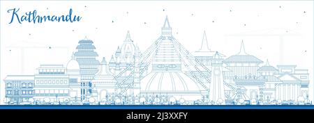 Outline Katmandou Nepal City Skyline avec Blue Buildings. Illustration vectorielle. Katmandou Cityscape avec des monuments. Voyages d'affaires et tourisme Illustration de Vecteur