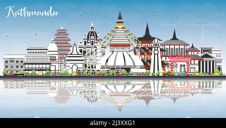 Katmandou Nepal City Skyline avec des bâtiments de couleur, ciel bleu et réflexions. Illustration vectorielle. Katmandou Cityscape avec des monuments. Voyages d'affaires Illustration de Vecteur