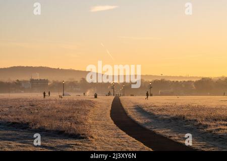 Une vue sur Blackheath Common en hiver pendant un coucher de soleil chaud. On peut voir les gens profiter de leur matinée. Banque D'Images