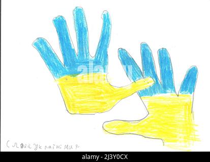 Slava Ukrainie enfant ukrainien dessin drapeau ukrainien Guerre en Ukraine soleil ukrainien enfant ukrainien dessin Ukraine paix Banque D'Images