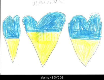 Slava Ukrainie enfant ukrainien dessin drapeau ukrainien Guerre en Ukraine soleil ukrainien enfant ukrainien dessin Ukraine paix Banque D'Images