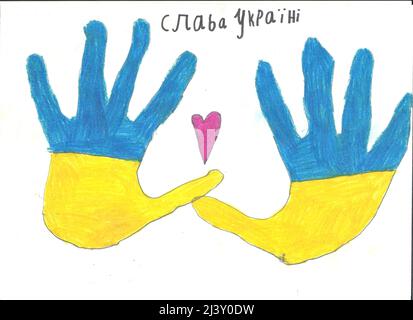 Slava Ukrainie enfant ukrainien dessin drapeau ukrainien Guerre en Ukraine soleil ukrainien enfant ukrainien dessin Ukraine paix Banque D'Images